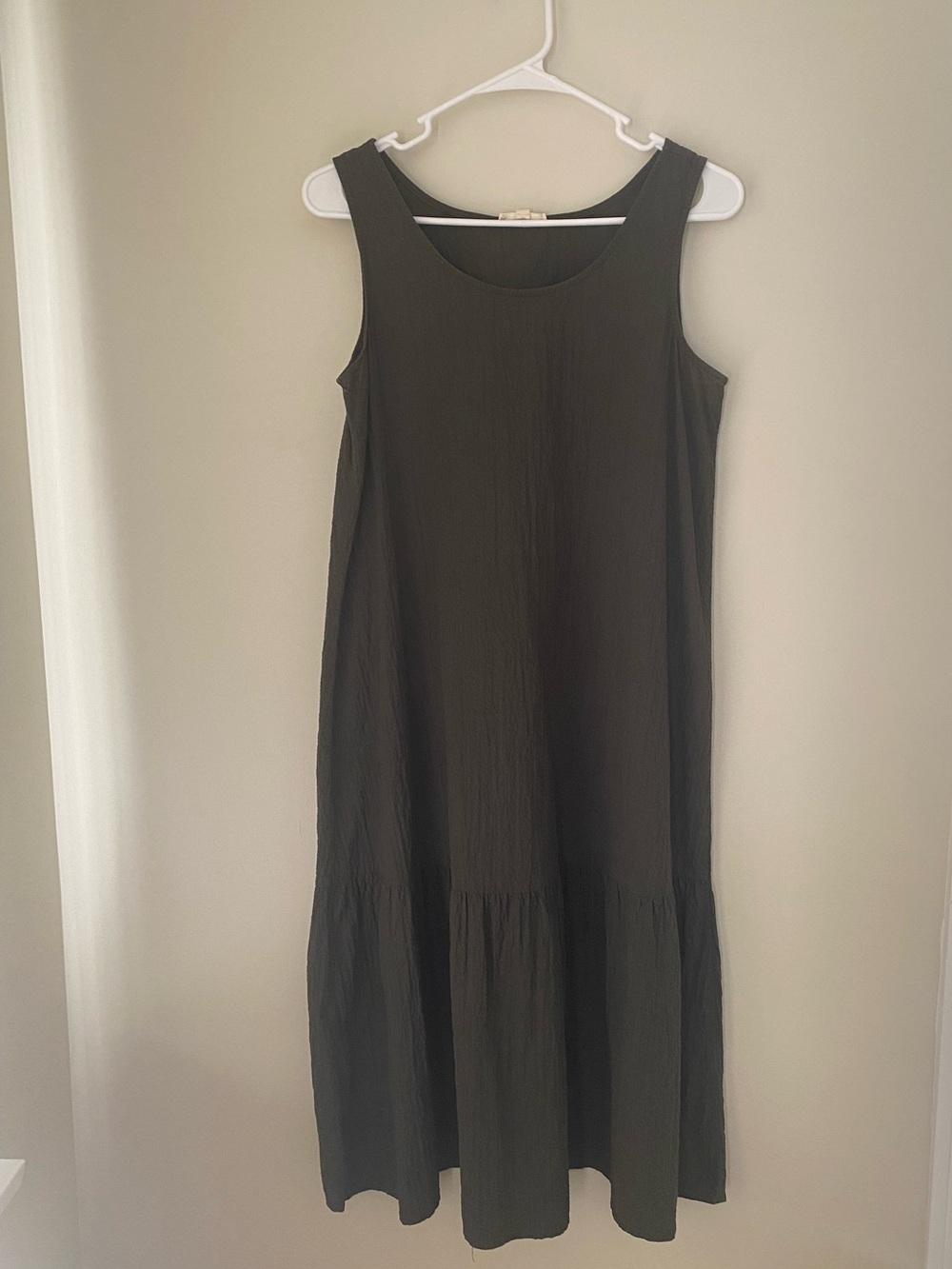 Eileen Fisher: Sleeveless Olive Green Textured Tiered Dress
